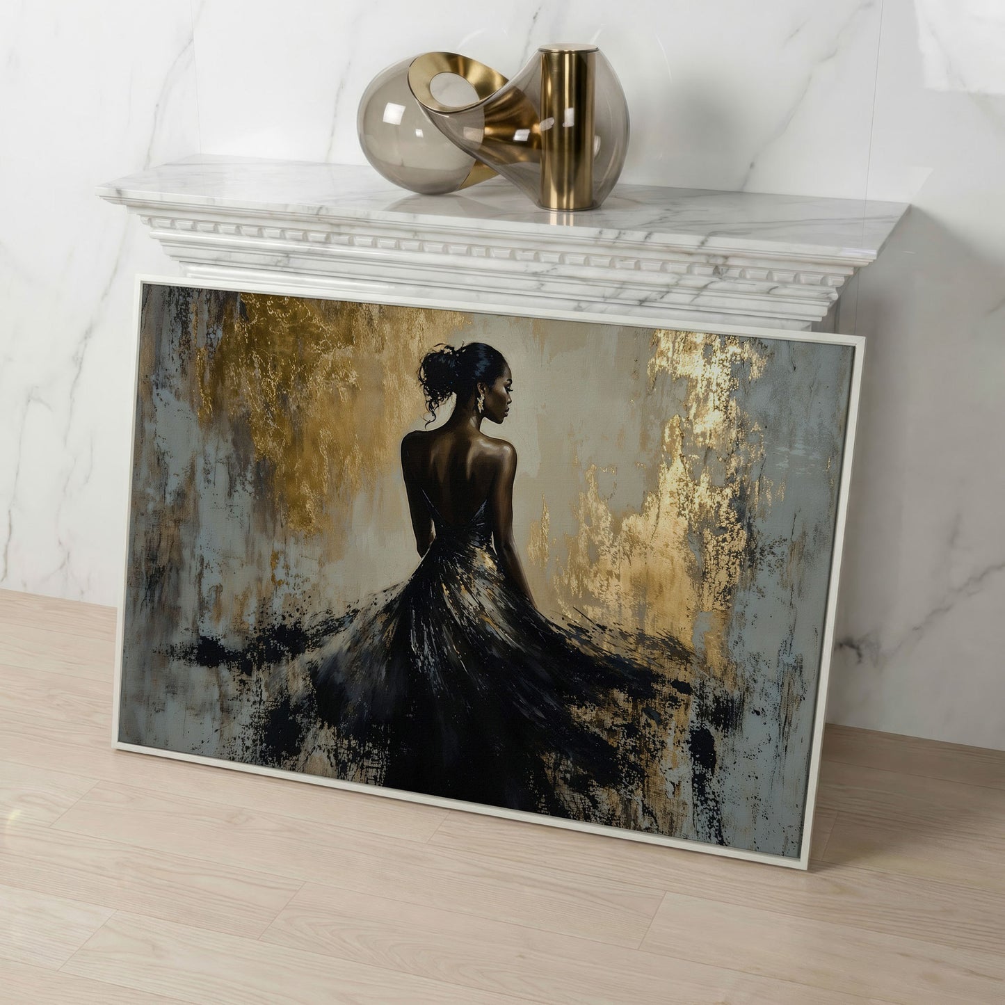 Woman in Black Gown Canvas Print, Abstract Gold Background in white floating frame