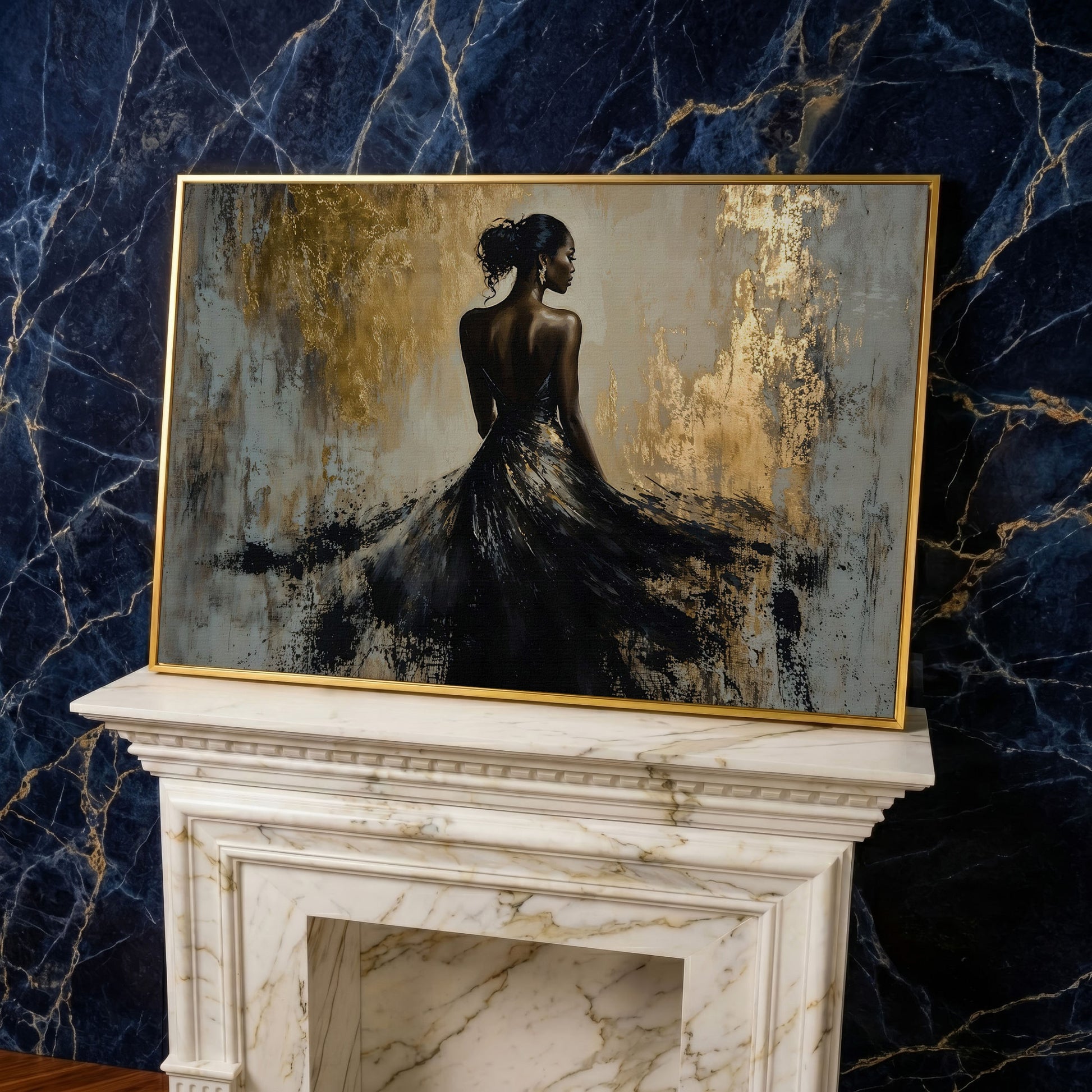 Woman in Black Gown Canvas Print, Abstract Gold Background in yellow gold floating frame