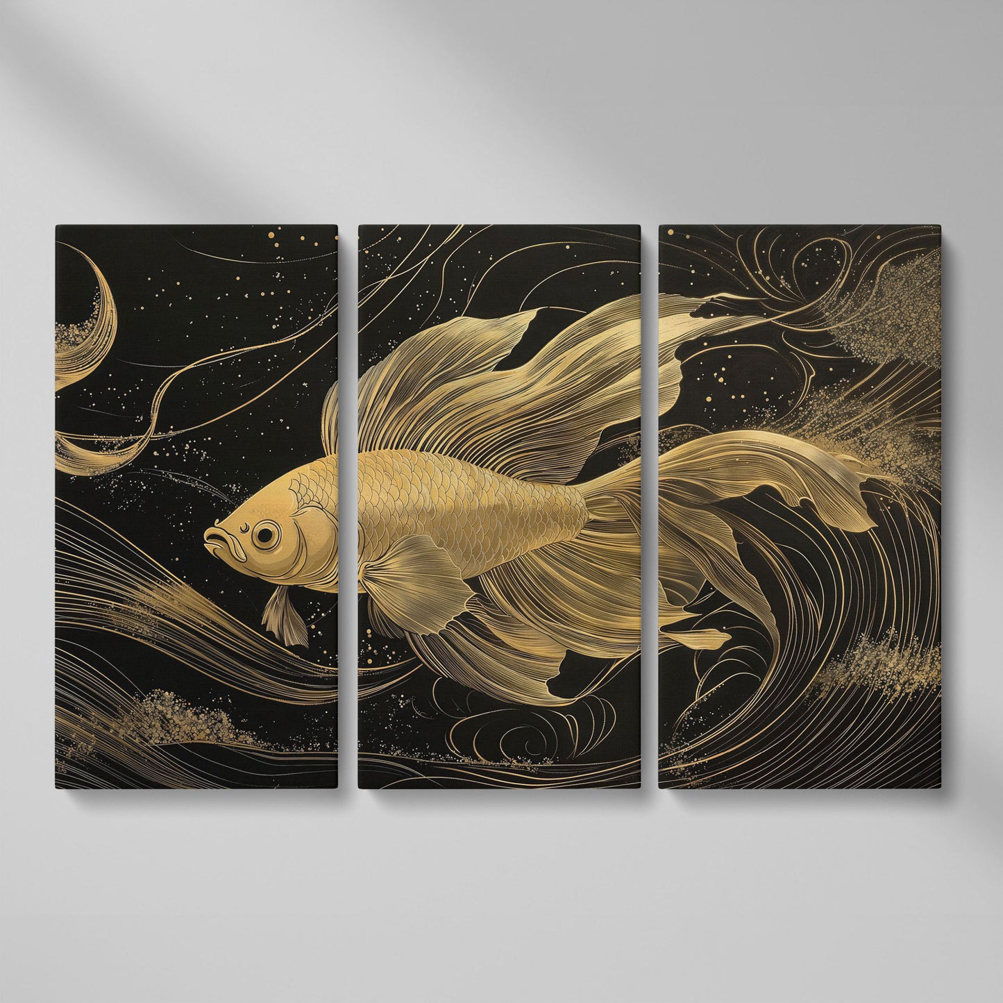 Abstract Black Gold Waves Goldfish Canvas as 3-panel split version