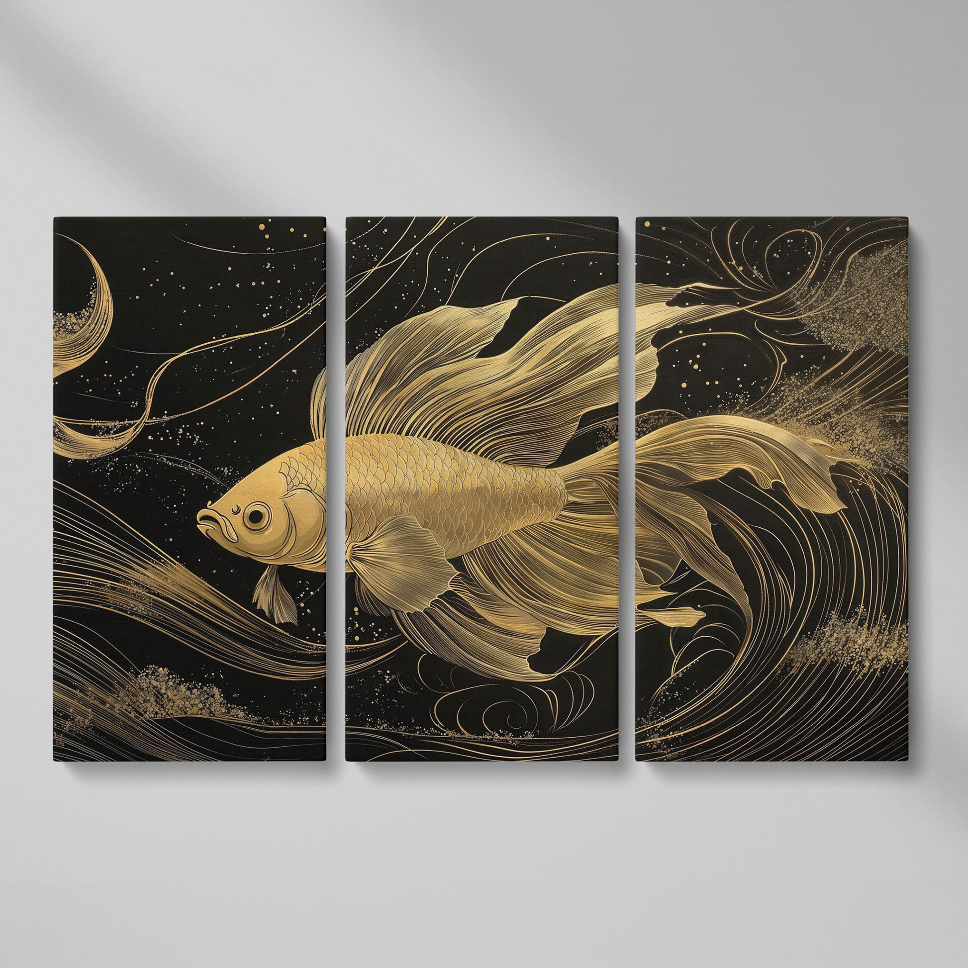 Abstract Black Gold Waves Goldfish Canvas as 3-panel split version