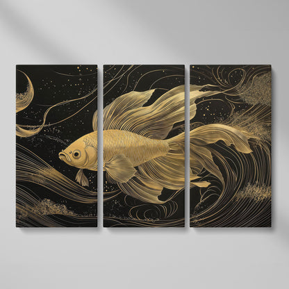 Abstract Black Gold Waves Goldfish Canvas as 3-panel split version