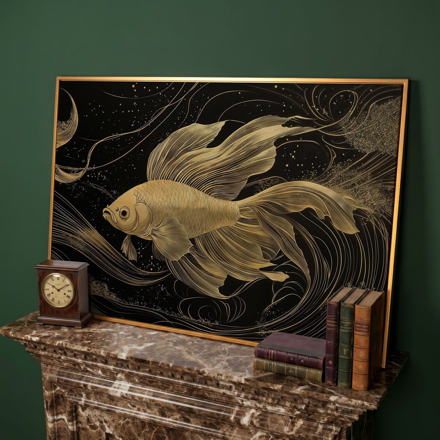 Abstract Black Gold Waves Goldfish Canvas in antique gold floating frame