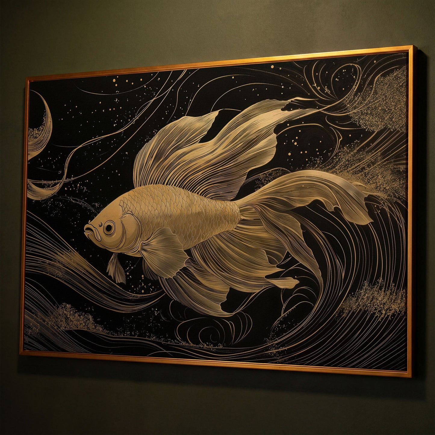 Abstract Black Gold Waves Goldfish Canvas shown in antique gold floating frame