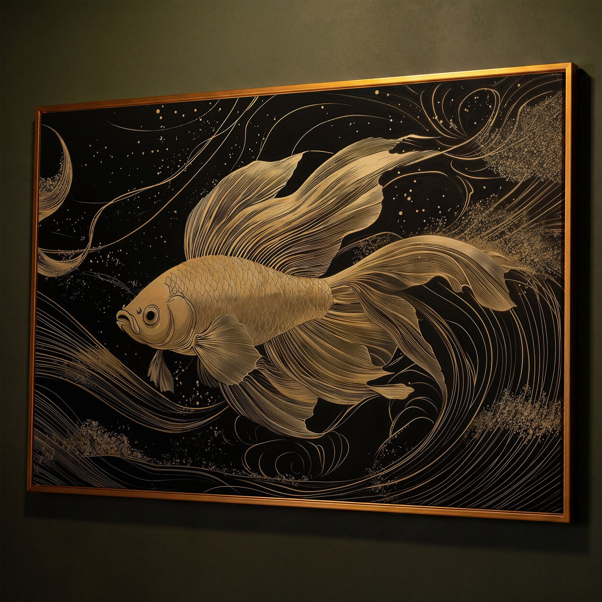 Abstract Black Gold Waves Goldfish Canvas shown in antique gold floating frame