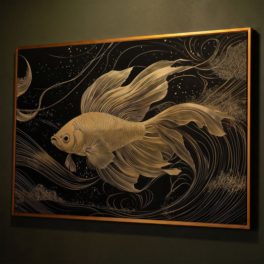 Abstract Black Gold Waves Goldfish Canvas shown in antique gold floating frame