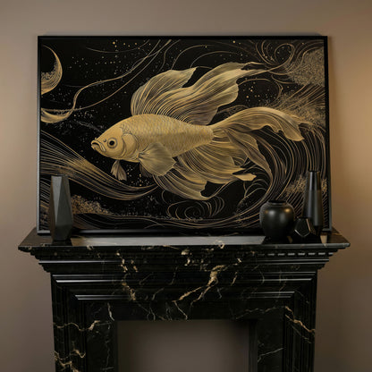 Abstract Black Gold Waves Goldfish Canvas in black floating frame