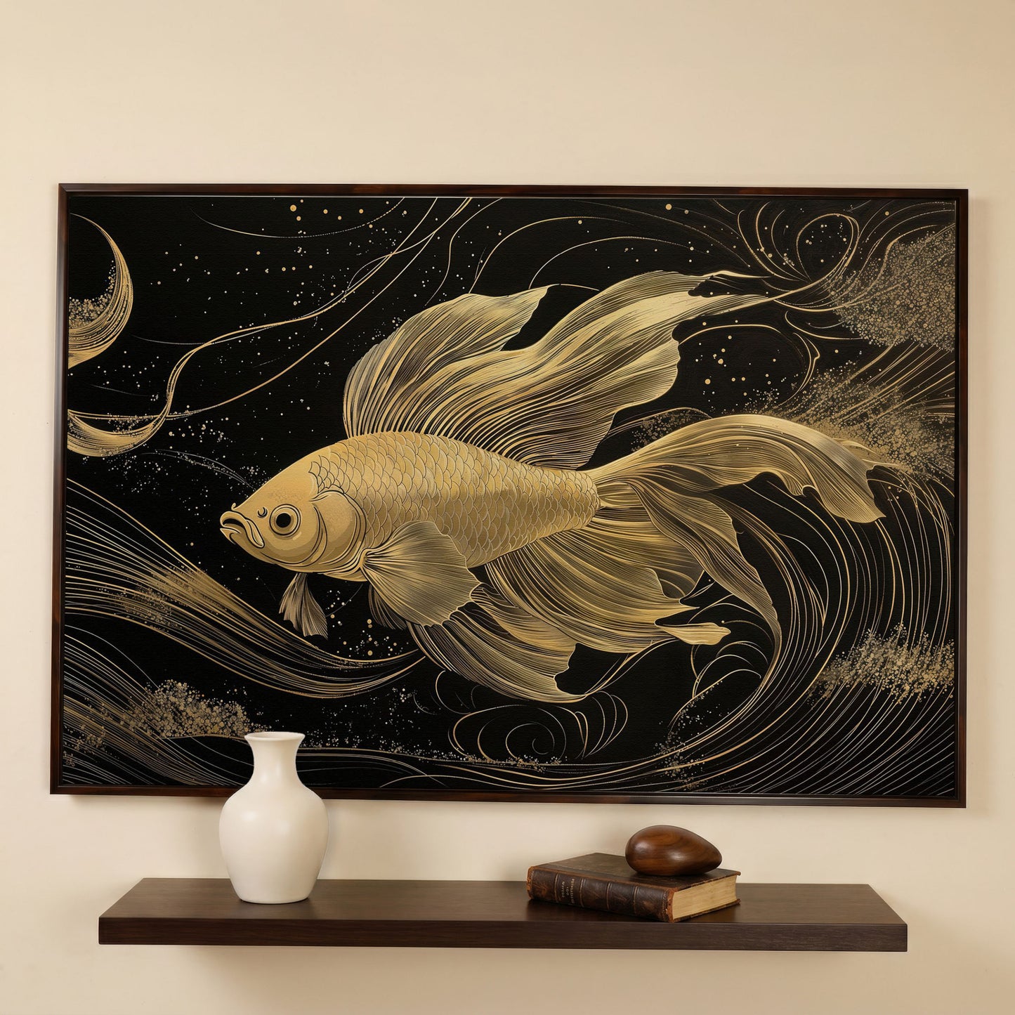 Abstract Black Gold Waves Goldfish Canvas in dark walnut floating frame
