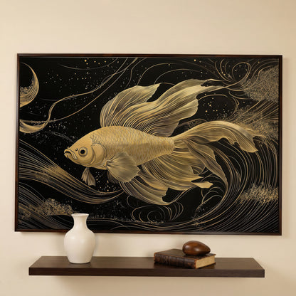 Abstract Black Gold Waves Goldfish Canvas in dark walnut floating frame