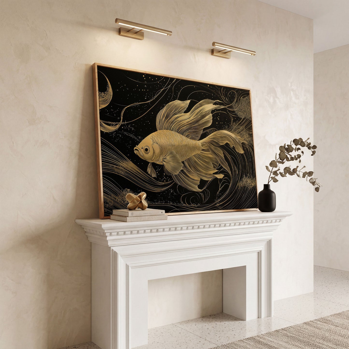 Abstract Black Gold Waves Goldfish Canvas in white oak floating frame
