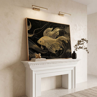 Abstract Black Gold Waves Goldfish Canvas in white oak floating frame