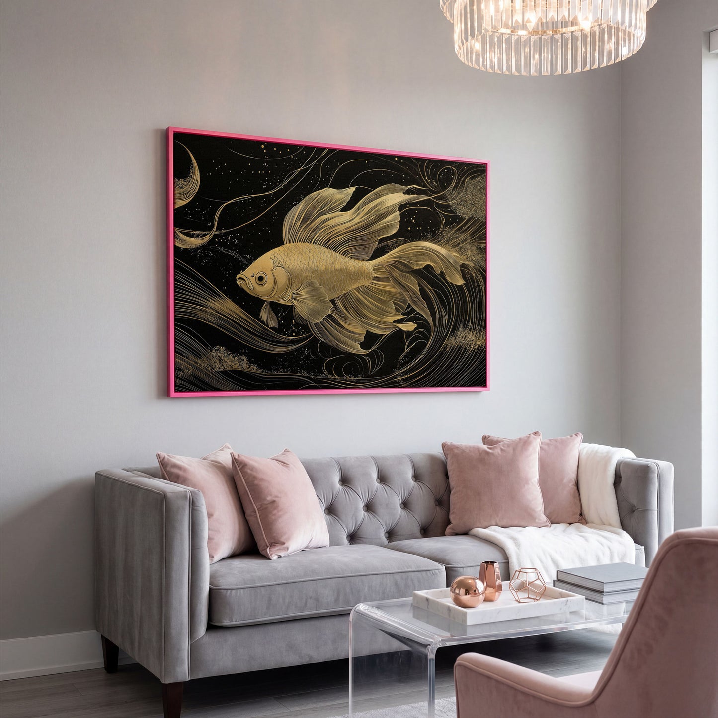Abstract Black Gold Waves Goldfish Canvas in pink floating frame