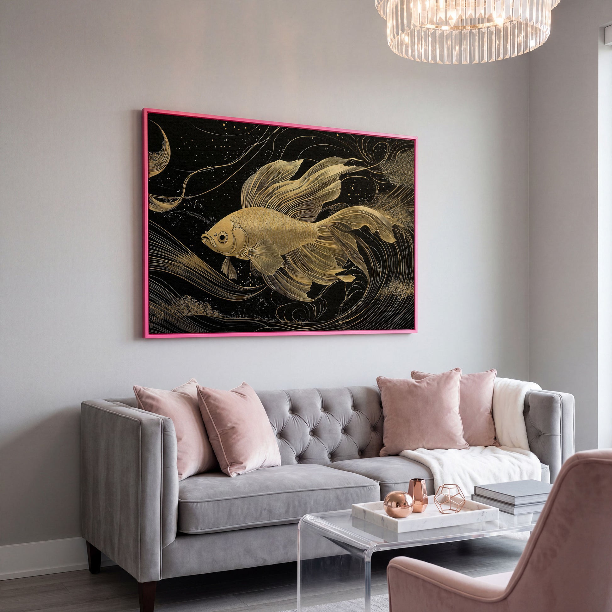 Abstract Black Gold Waves Goldfish Canvas in pink floating frame