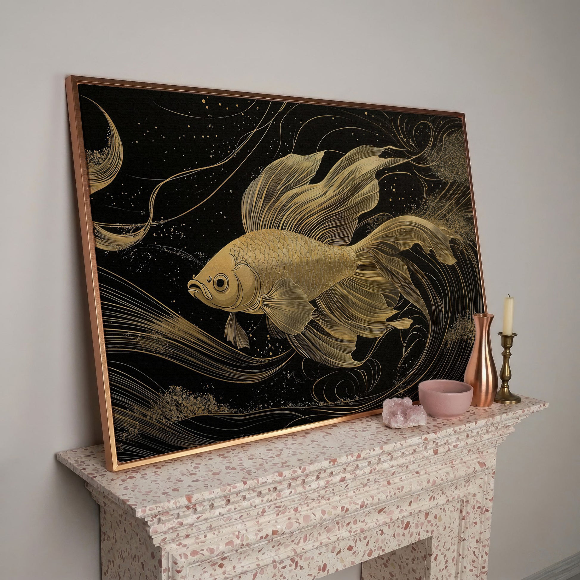Abstract Black Gold Waves Goldfish Canvas in rose gold floating frame