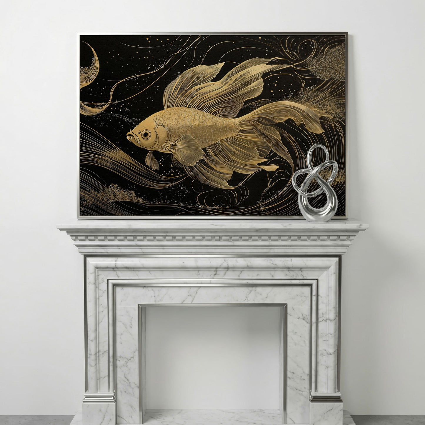 Abstract Black Gold Waves Goldfish Canvas in silver floating frame