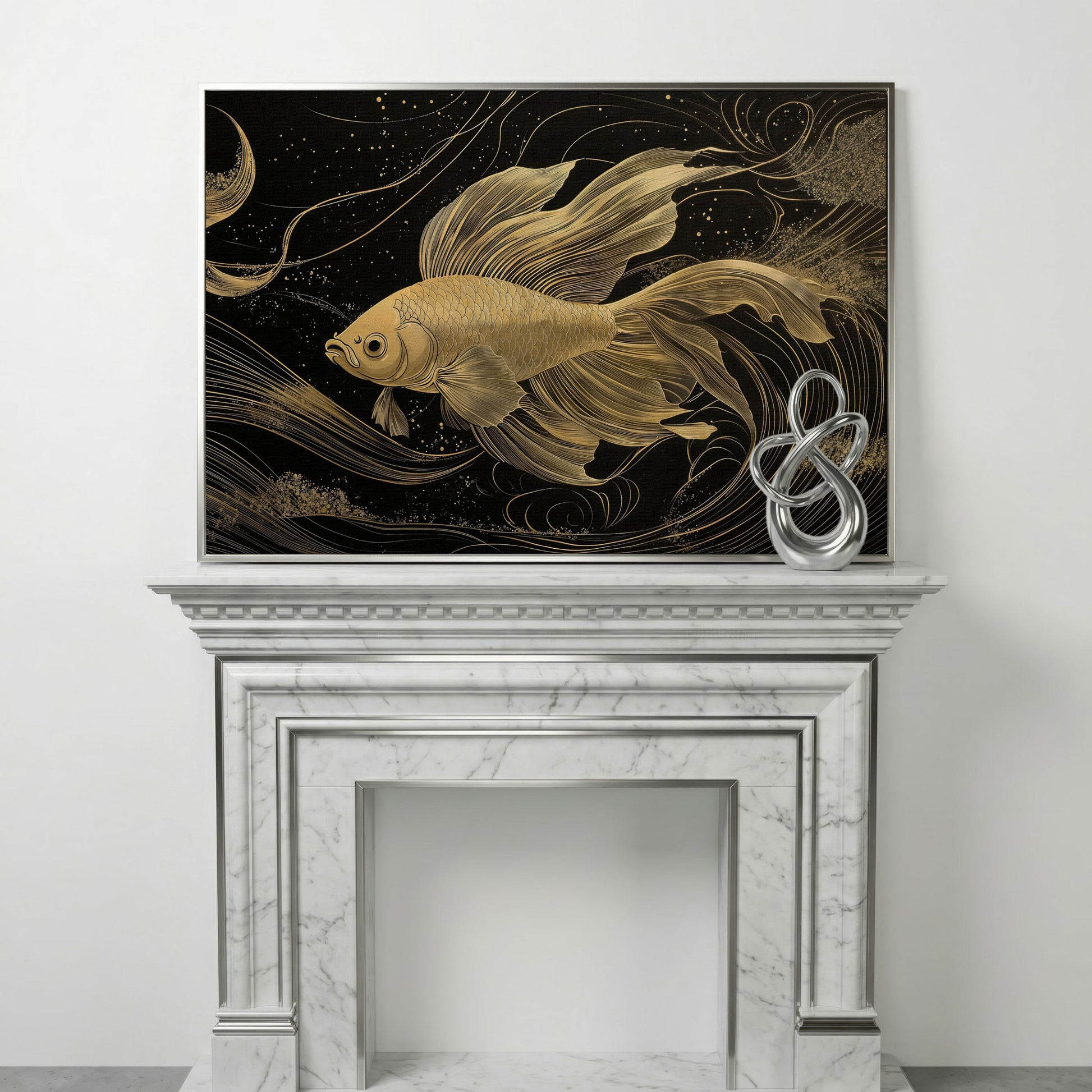 Abstract Black Gold Waves Goldfish Canvas in silver floating frame