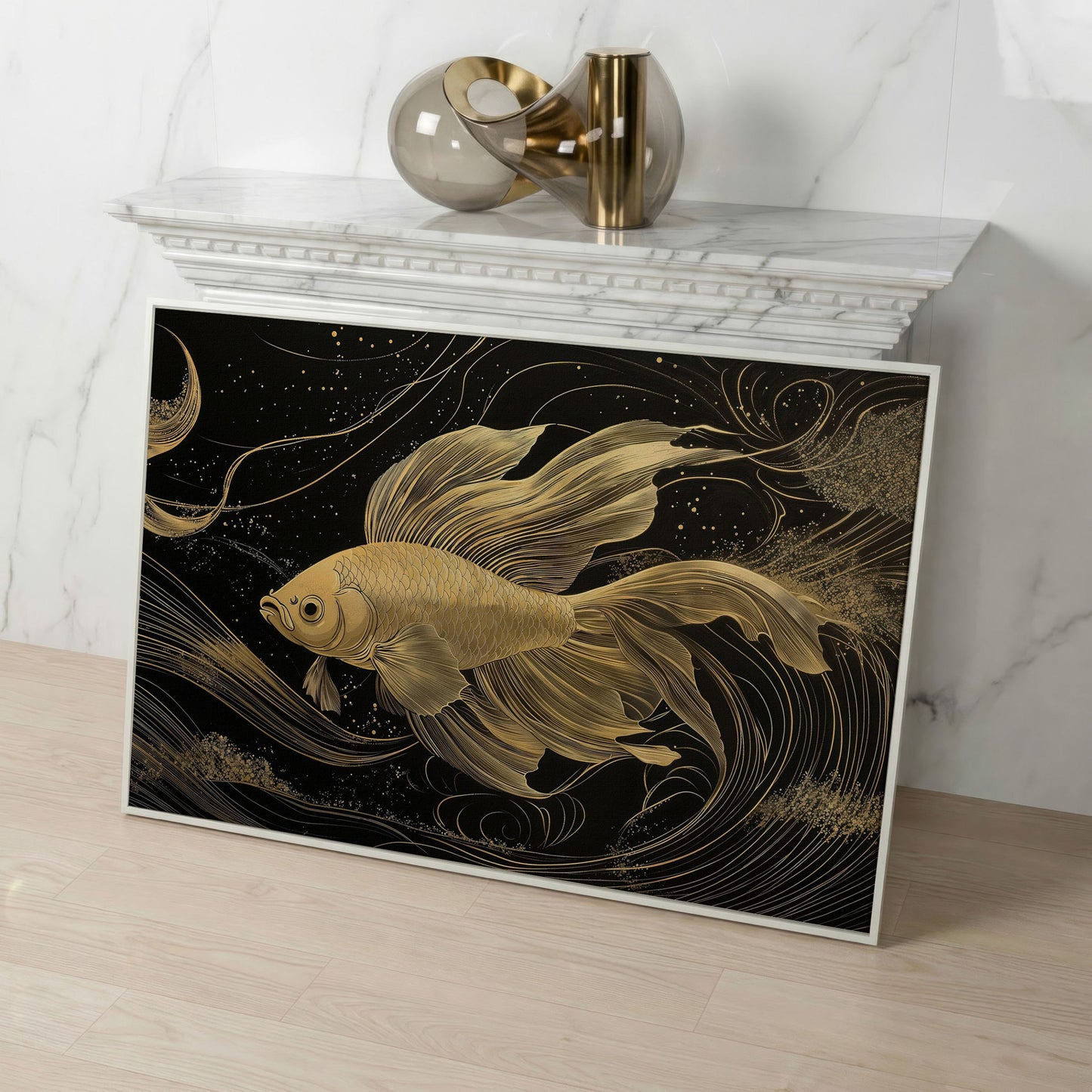 Abstract Black Gold Waves Goldfish Canvas in white floating frame