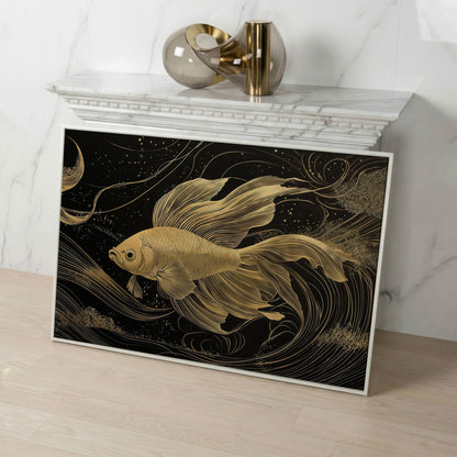 Abstract Black Gold Waves Goldfish Canvas in white floating frame
