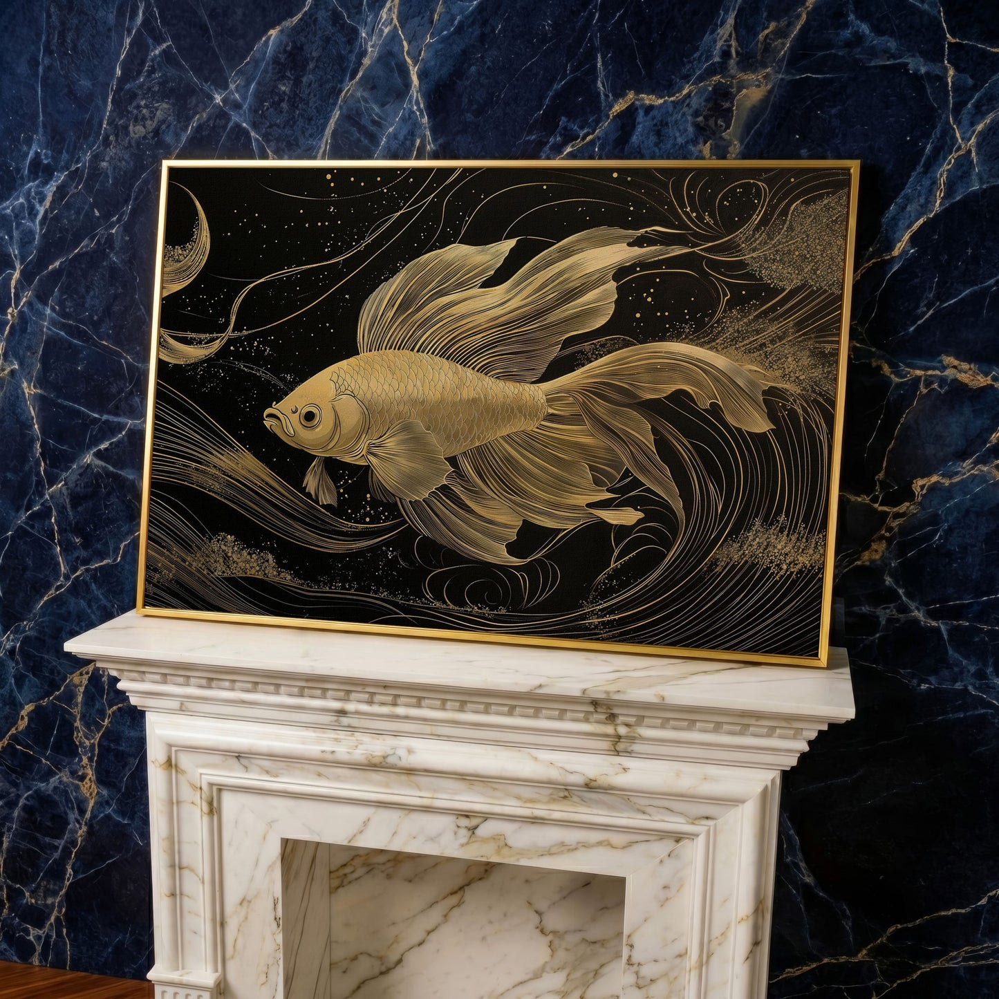 Abstract Black Gold Waves Goldfish Canvas in yellow gold floating frame