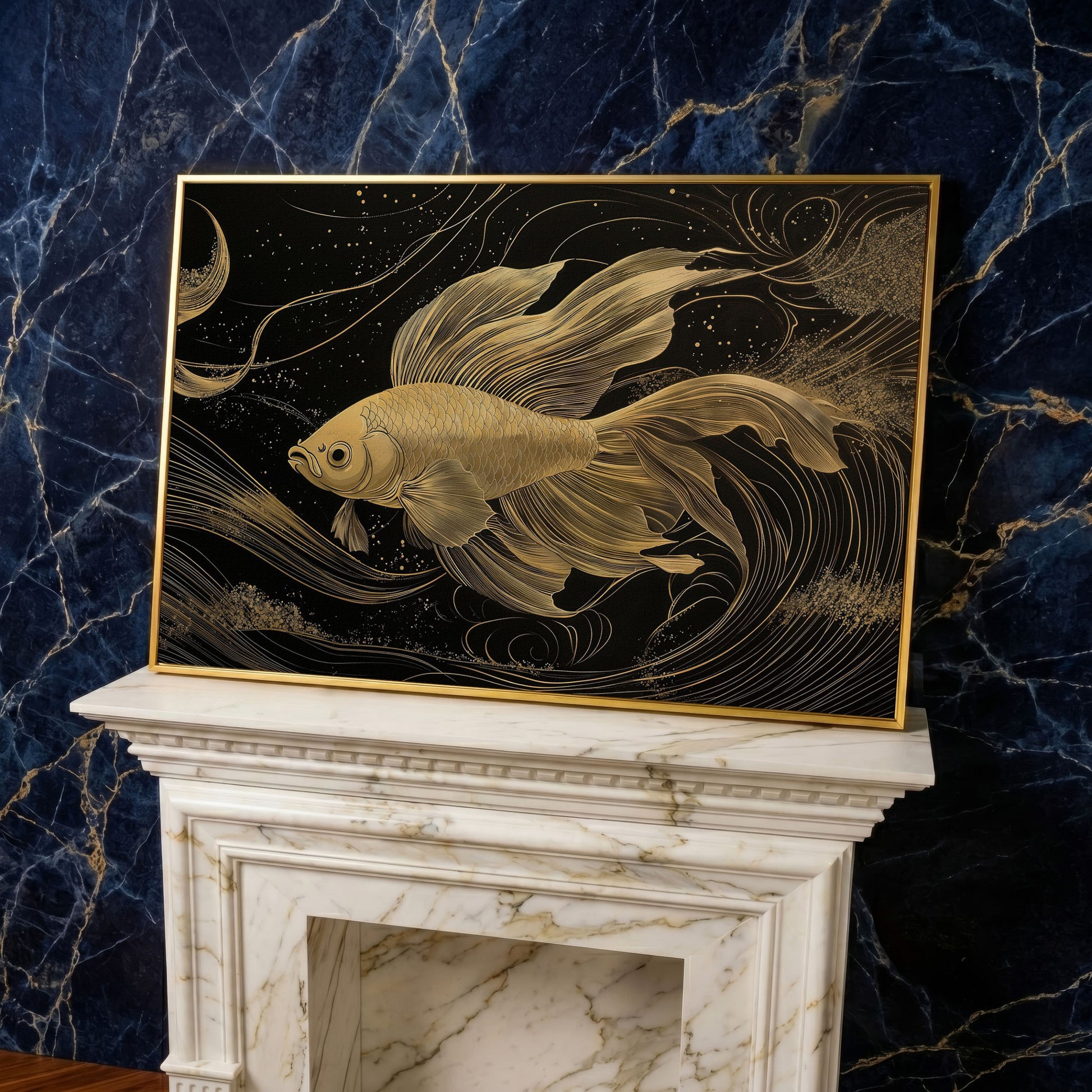Abstract Black Gold Waves Goldfish Canvas in yellow gold floating frame