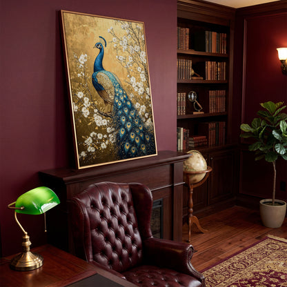 Peacock on the Branch with White Blossoms Canvas in antique gold floating frame