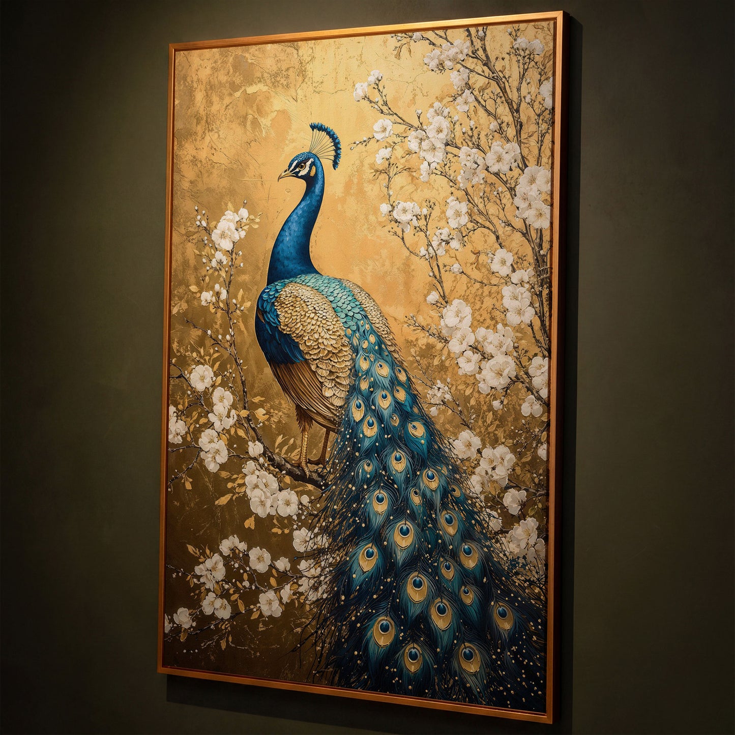 Peacock on the Branch with White Blossoms Canvas shown in antique gold floating frame