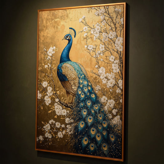 Peacock on the Branch with White Blossoms Canvas shown in antique gold floating frame