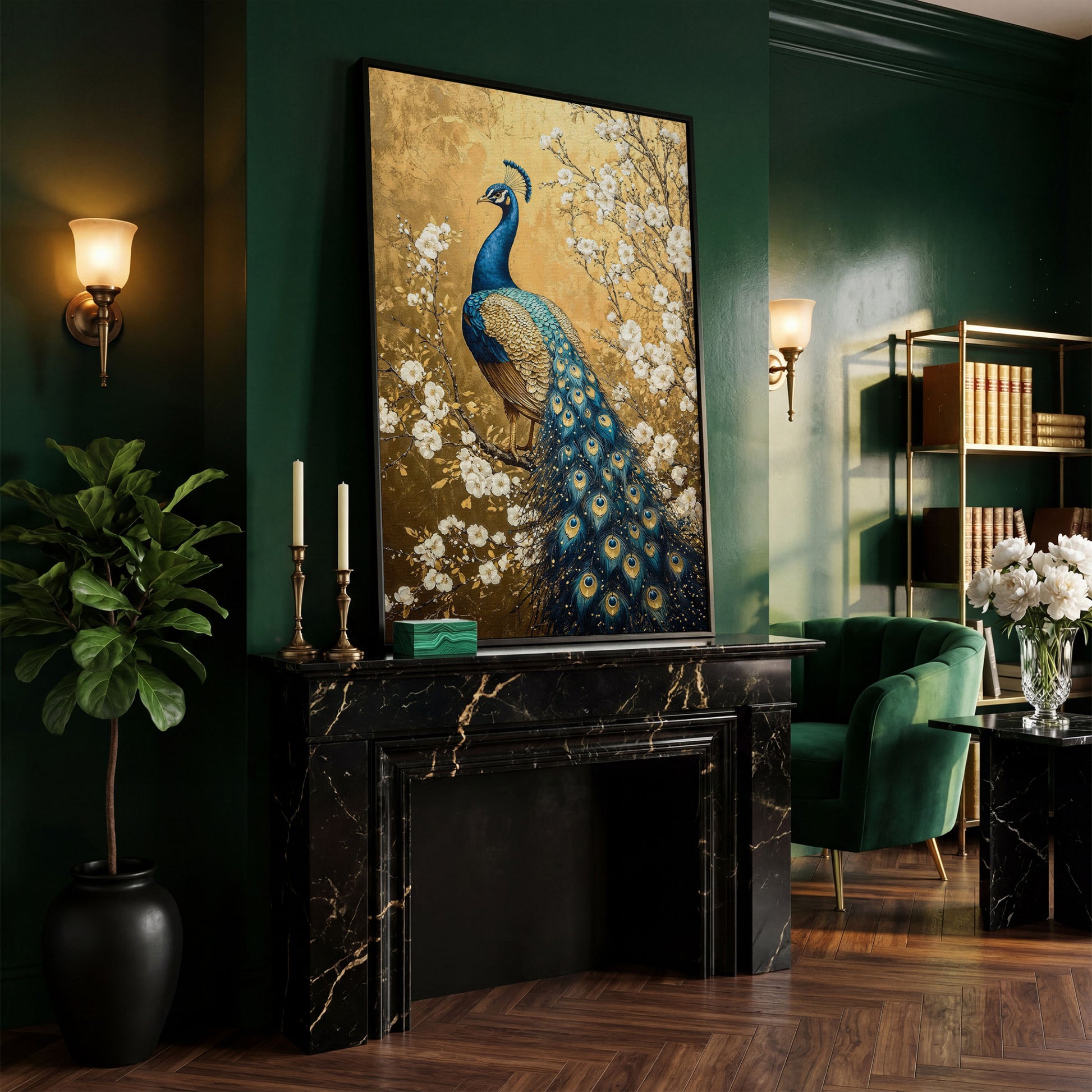 Peacock on the Branch with White Blossoms Canvas in black floating frame