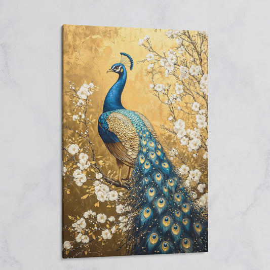Peacock on the Branch with White Blossoms Canvas on gallery wrap
