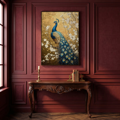 Peacock on the Branch with White Blossoms Canvas in dark walnut floating frame