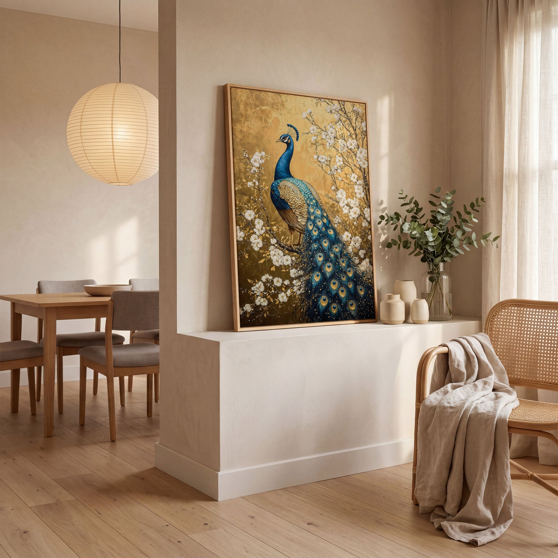 Peacock on the Branch with White Blossoms Canvas in white oak floating frame