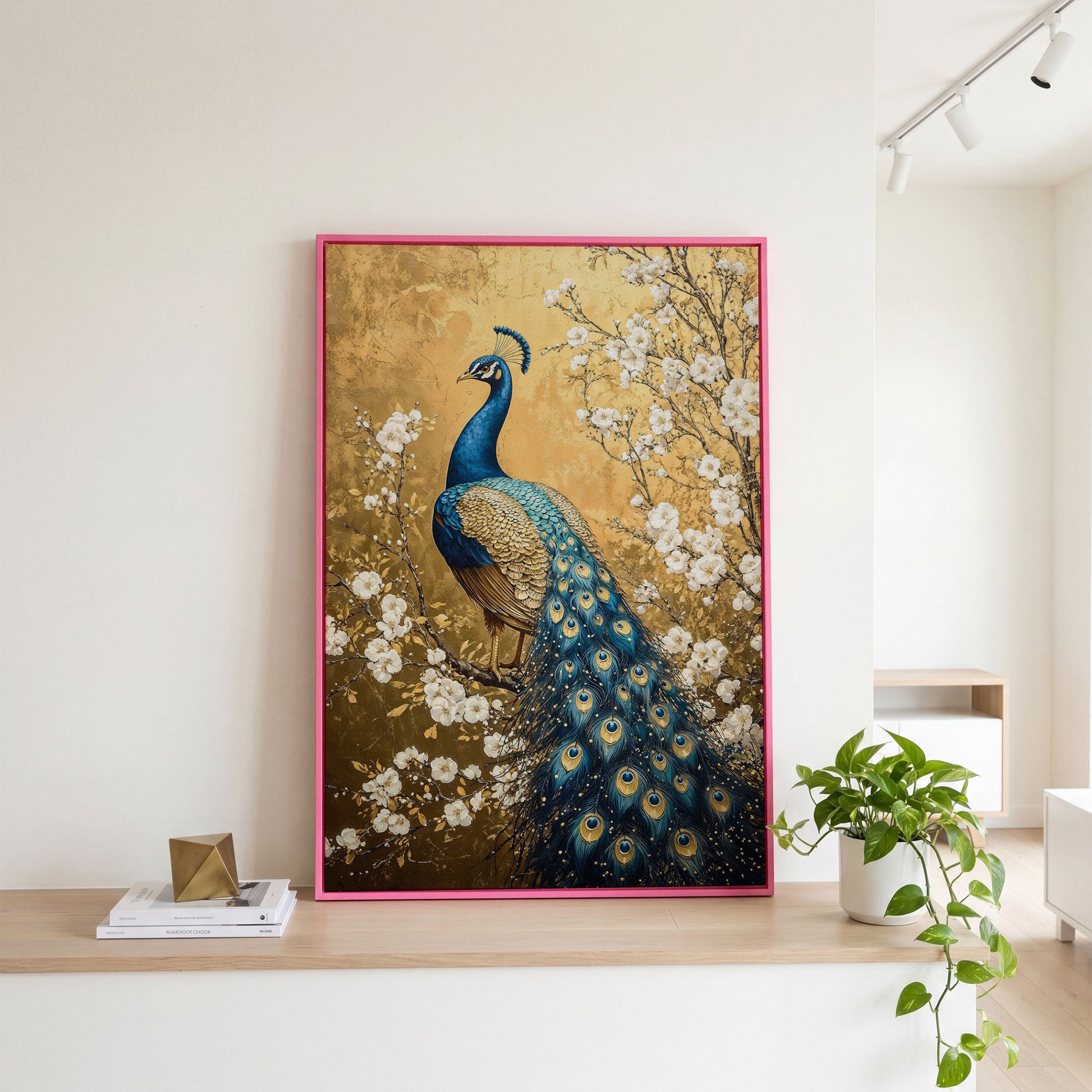 Peacock on the Branch with White Blossoms Canvas in pink floating frame