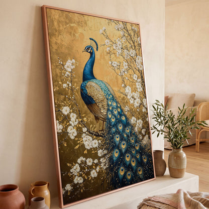 Peacock on the Branch with White Blossoms Canvas in rose gold floating frame