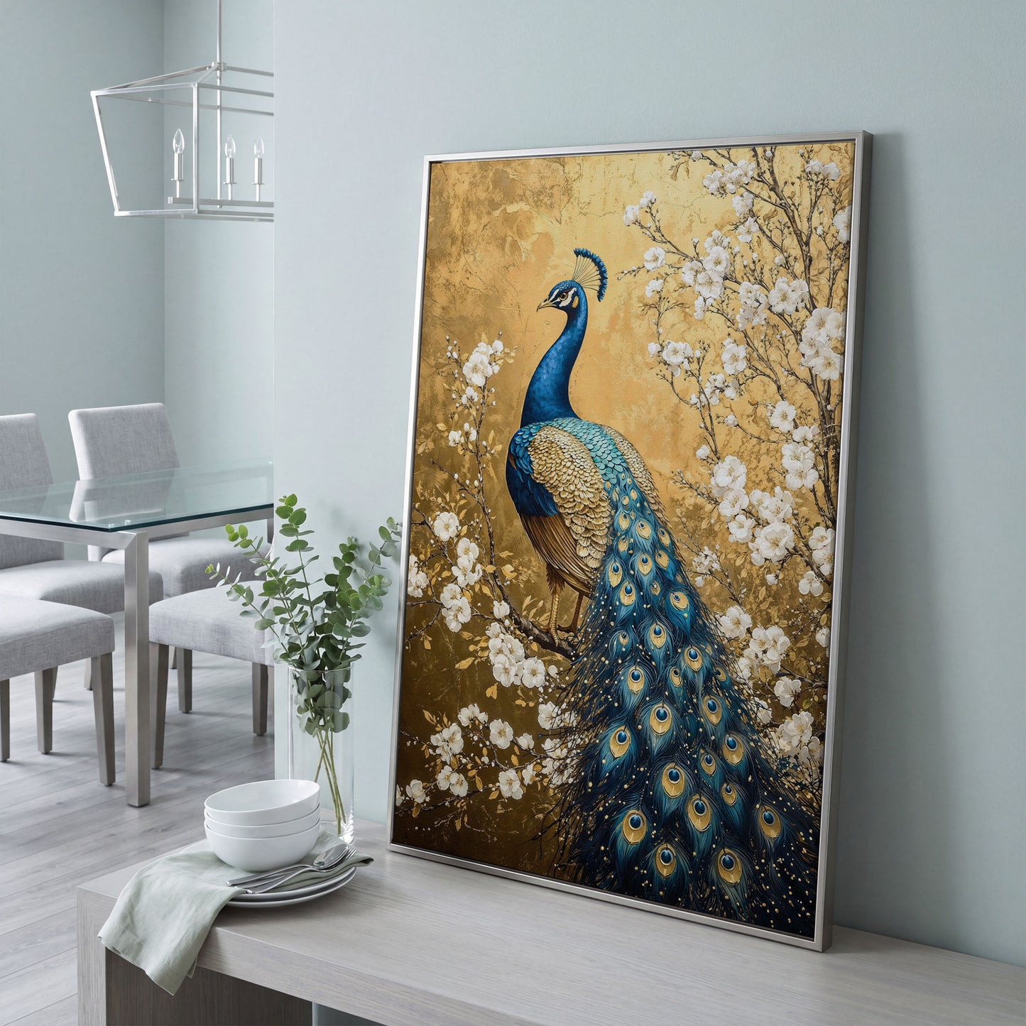 Peacock on the Branch with White Blossoms Canvas in silver floating frame