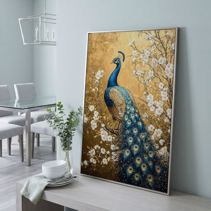 Peacock on the Branch with White Blossoms Canvas in silver floating frame