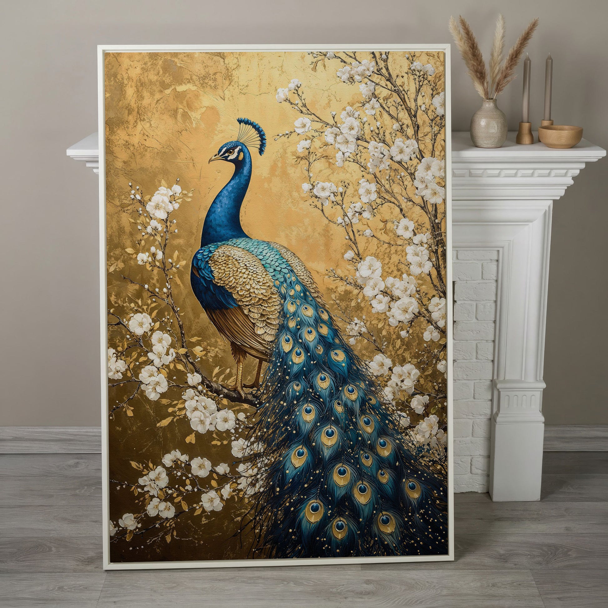 Peacock on the Branch with White Blossoms Canvas in white floating frame