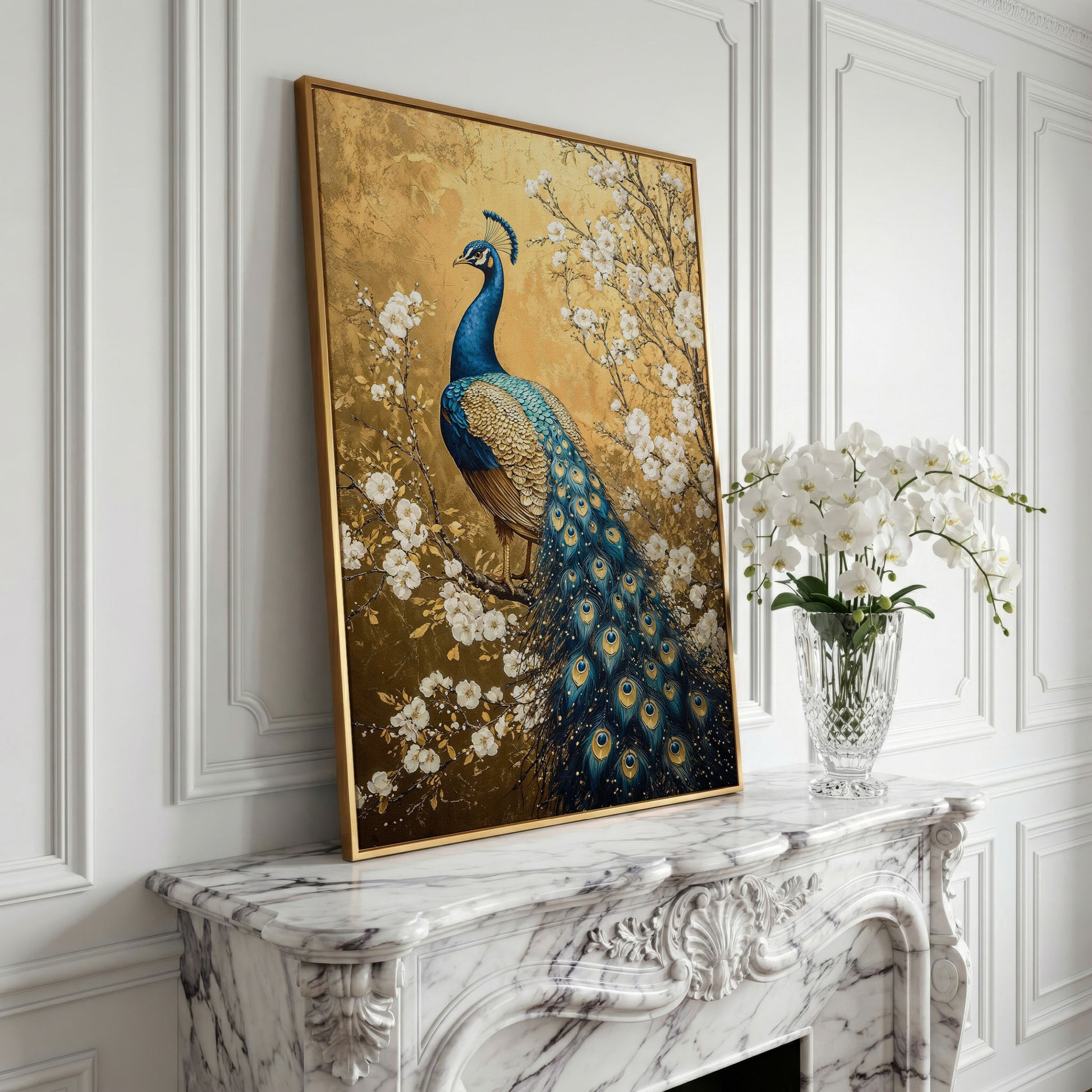 Peacock on the Branch with White Blossoms Canvas in yellow gold floating frame