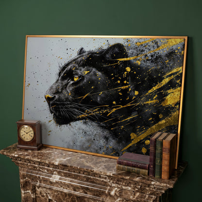 Black Panther Side Profile Canvas Art in antique gold floating frame