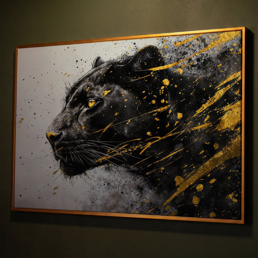 Black Panther Side Profile Canvas Art shown in antique gold floating frame