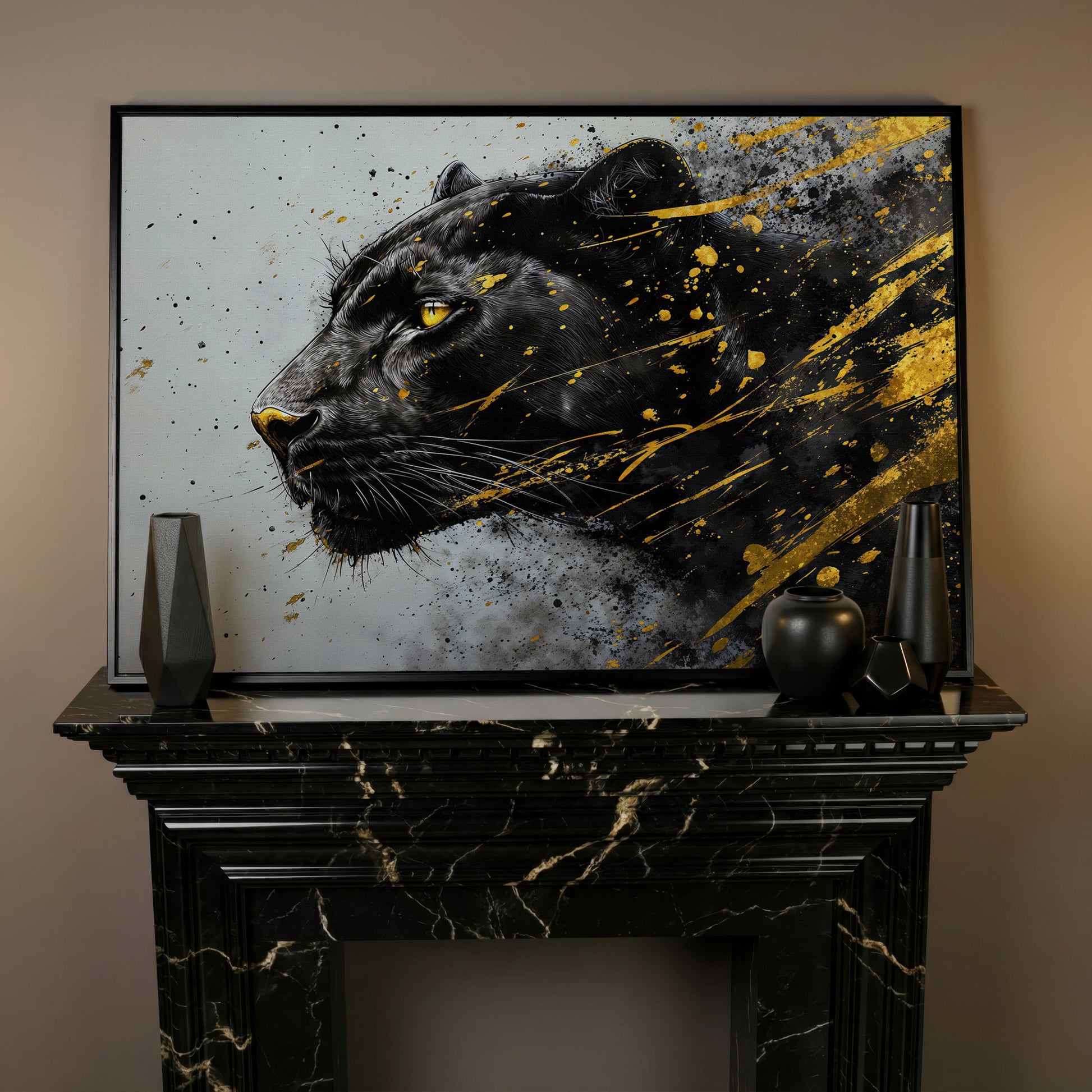 Black Panther Side Profile Canvas Art in black floating frame