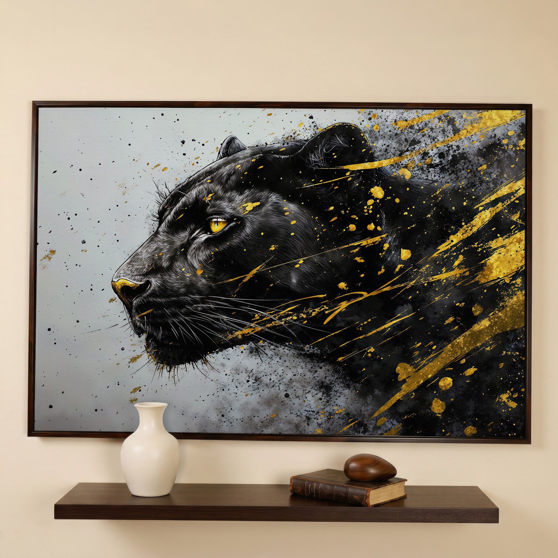 Black Panther Side Profile Canvas Art in dark walnut floating frame