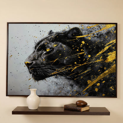 Black Panther Side Profile Canvas Art in dark walnut floating frame