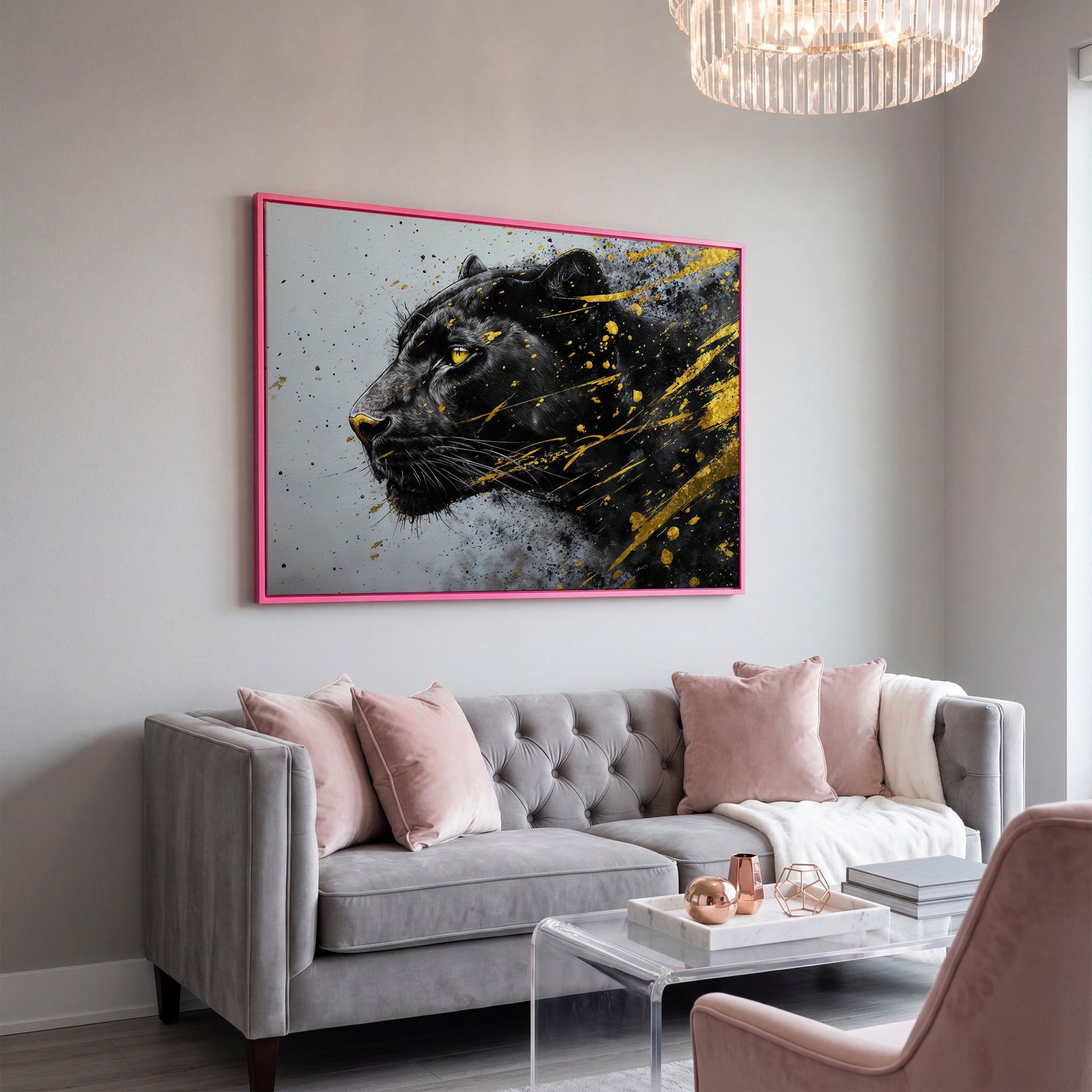 Black Panther Side Profile Canvas Art in pink floating frame