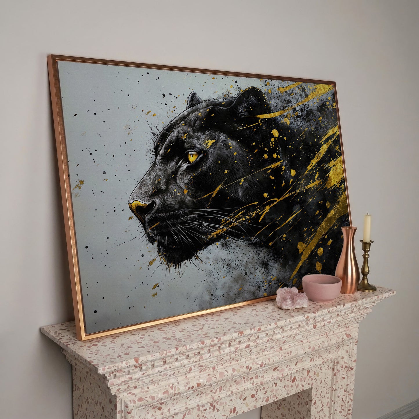 Black Panther Side Profile Canvas Art in rose gold floating frame