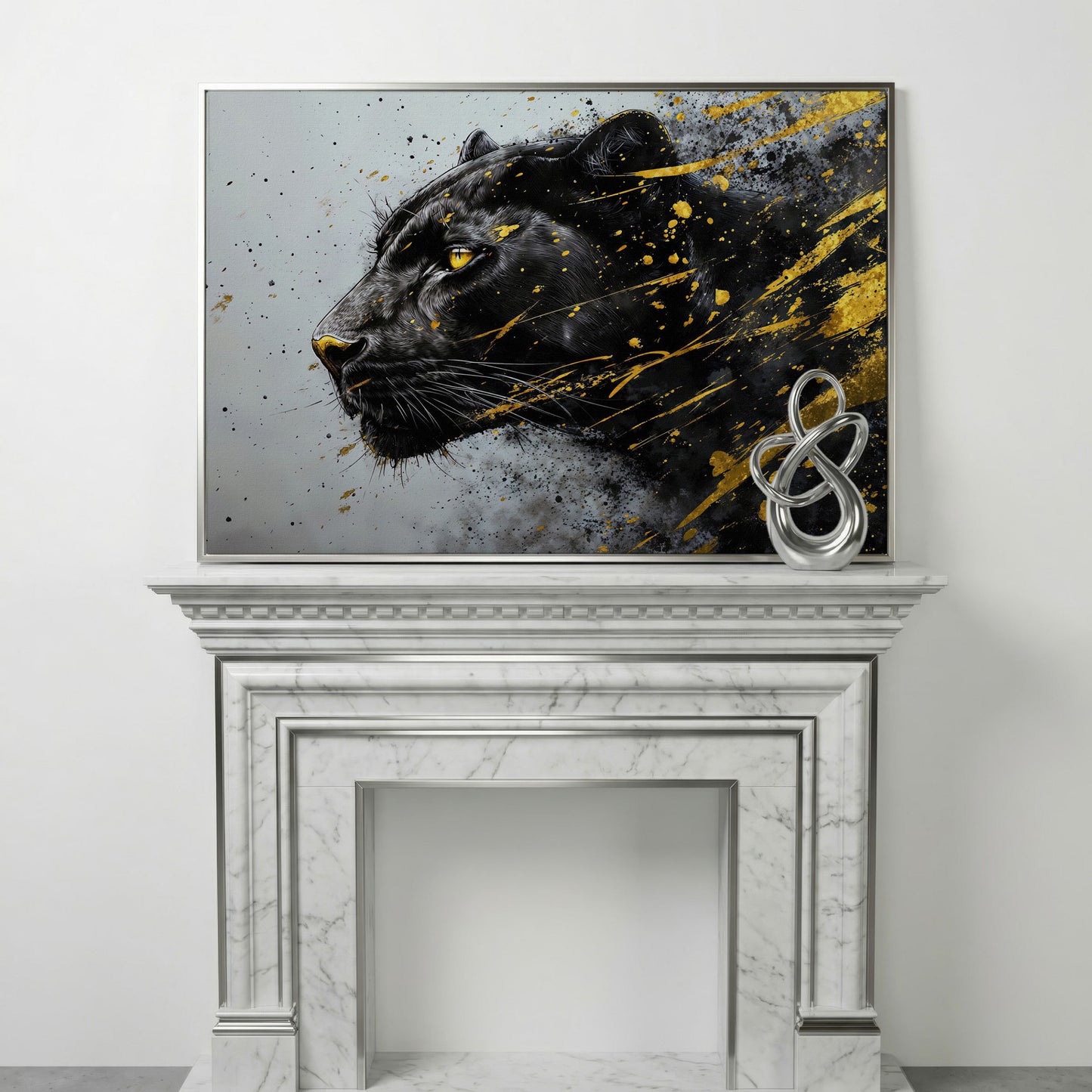 Black Panther Side Profile Canvas Art in silver floating frame