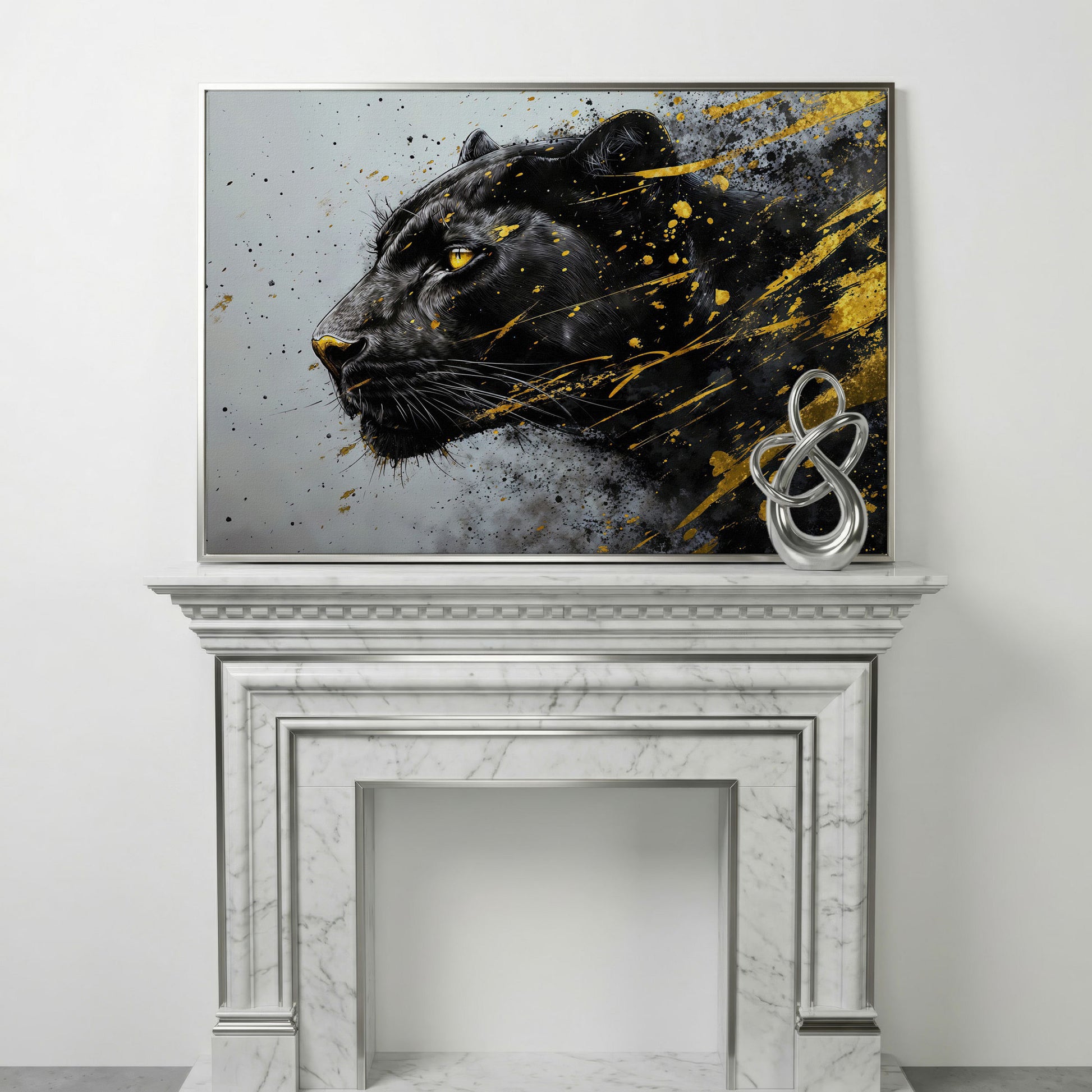 Black Panther Side Profile Canvas Art in silver floating frame