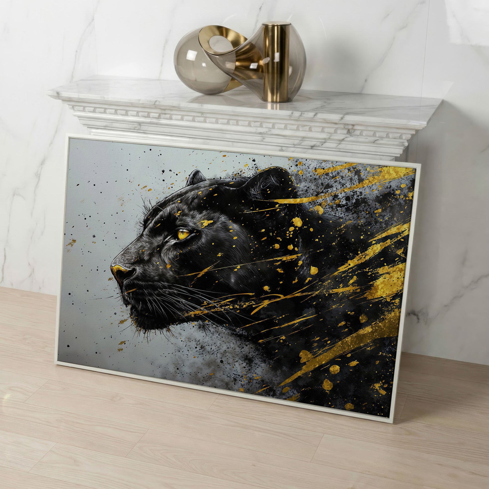 Black Panther Side Profile Canvas Art in white floating frame