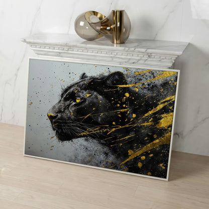 Black Panther Side Profile Canvas Art in white floating frame