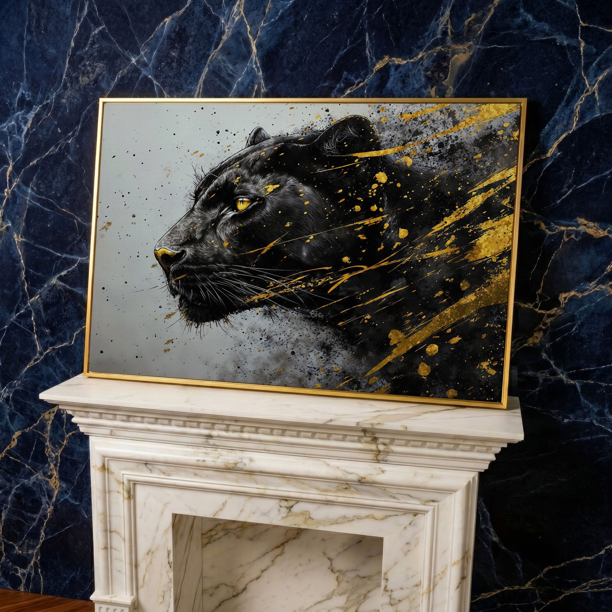 Black Panther Side Profile Canvas Art in yellow gold floating frame