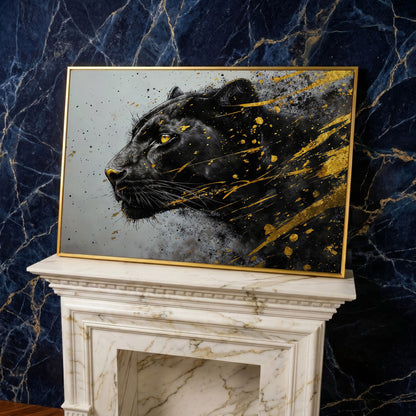 Black Panther Side Profile Canvas Art in yellow gold floating frame