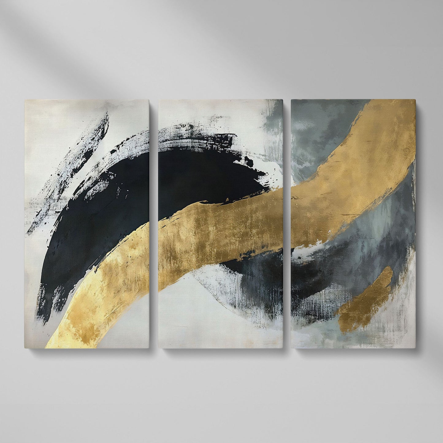 Black and Gold Abstract Canvas as 3-panel split version